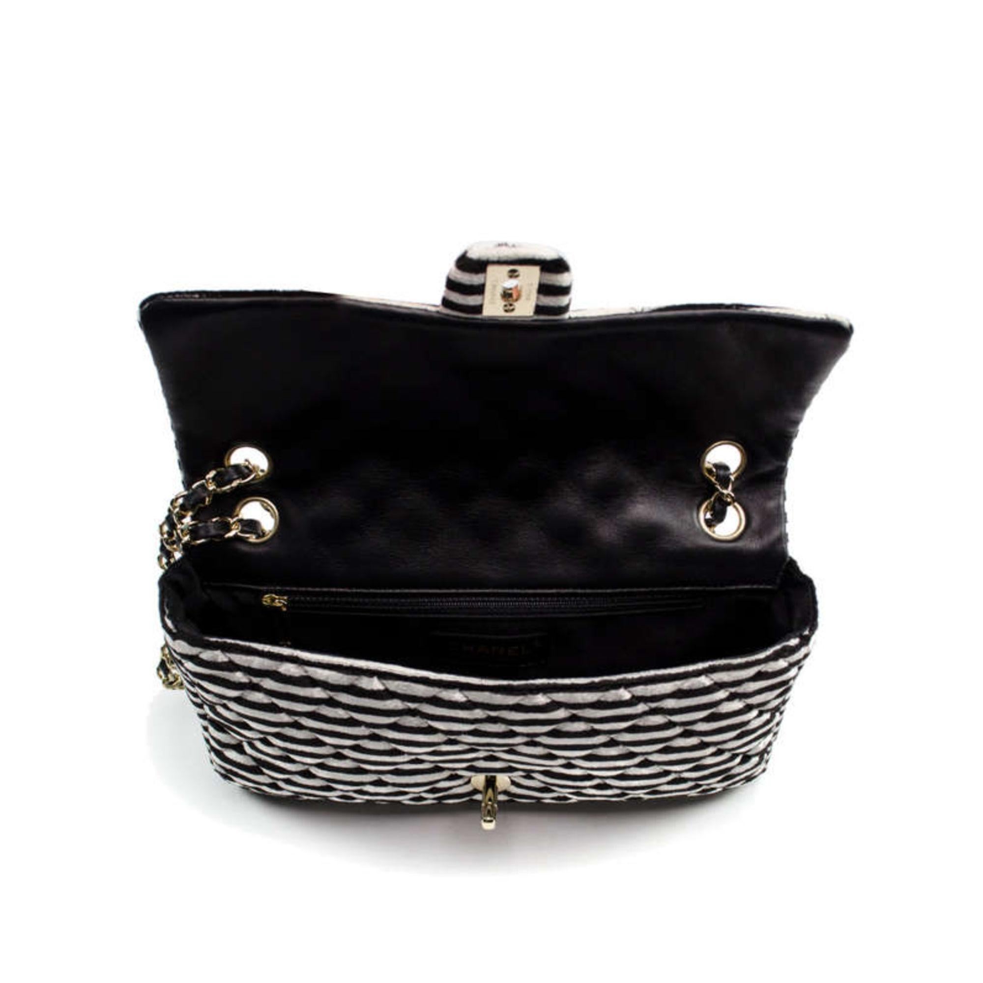 Chanel Black White Velour Velvet Striped Classic Flap Crossbody Bag For Sale 5