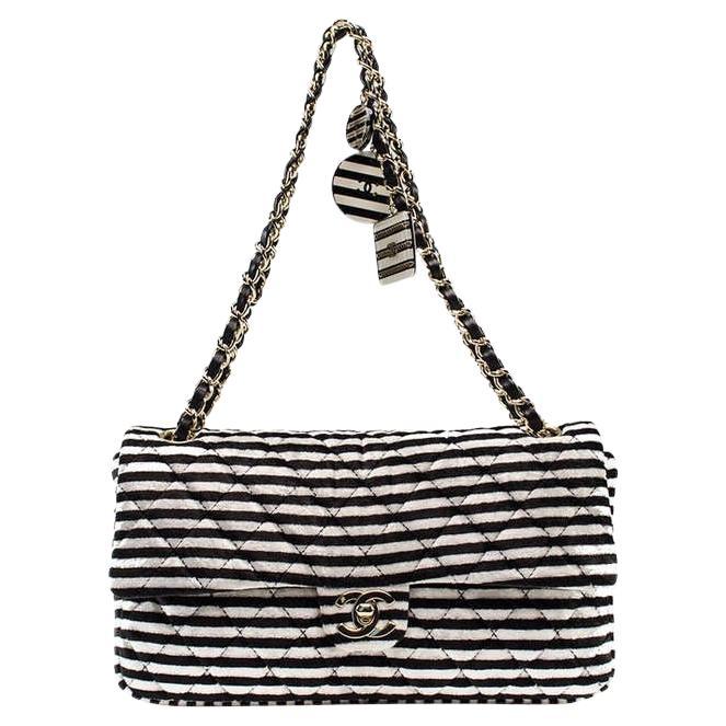 Chanel Black White Velour Velvet Striped Classic Flap Crossbody Bag For Sale