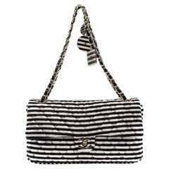Chanel Black White Velour Velvet Striped Classic Flap Crossbody Bag