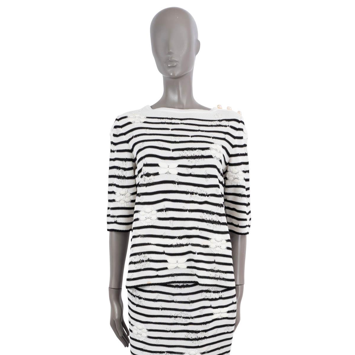 CHANEL black 
white viscose 2017 17P STRIPED CAMELLIA Sweater 38 S