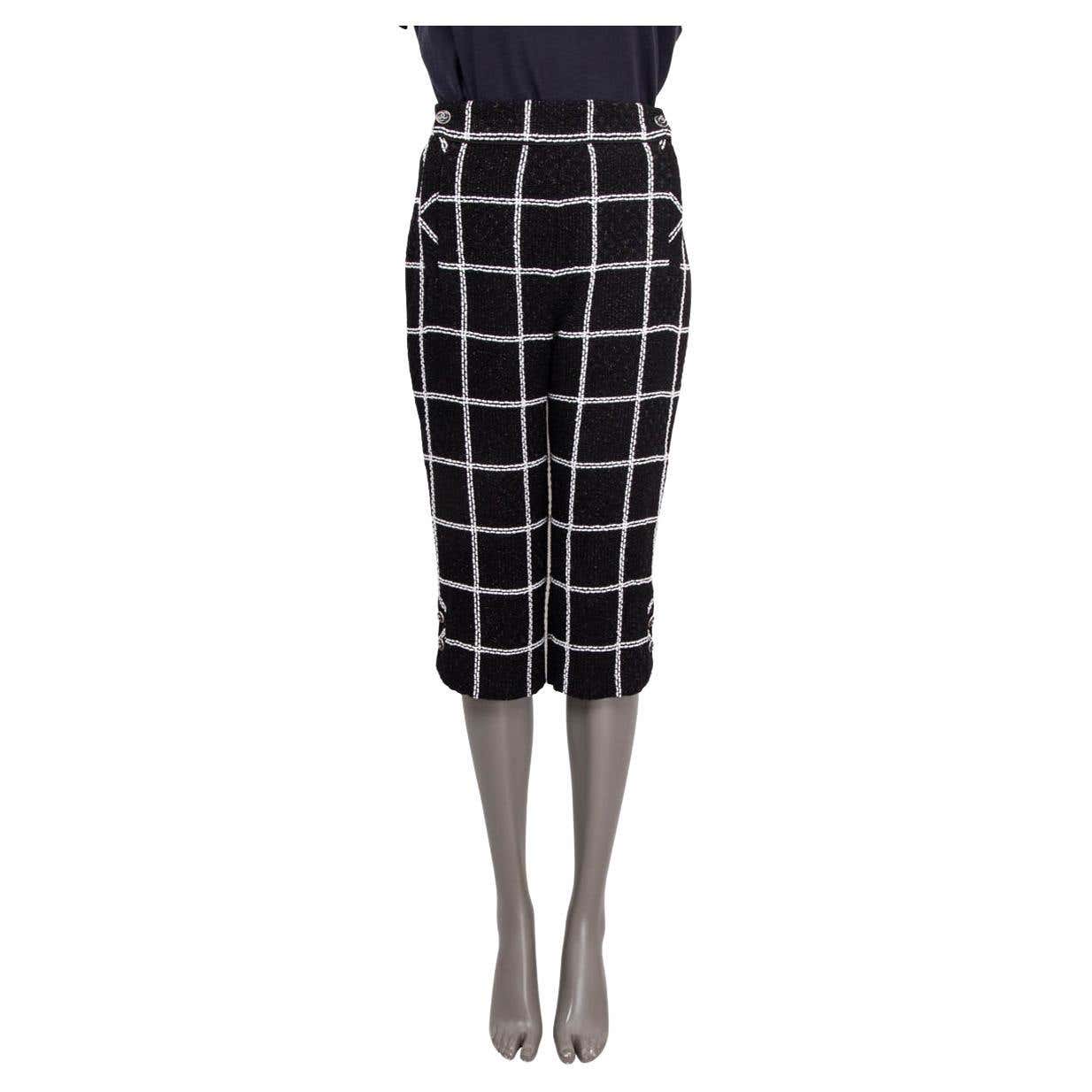 CHANEL black and white viscose 2020 20S CHECK TWEED CROPPED KNIT Pants ...