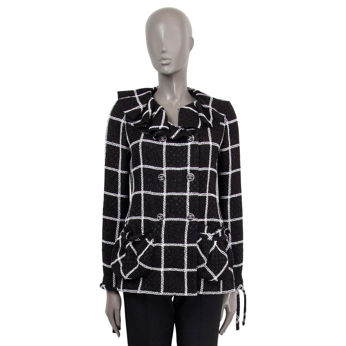 Black CHANEL black & white viscose 2020 20S CHECK TWEED DOUBLE BREASTED Jacket 38 S For Sale