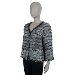 CHANEL black & white viscose blend 11P FRINGE TRIM PRINTED TWEED Jacket XL