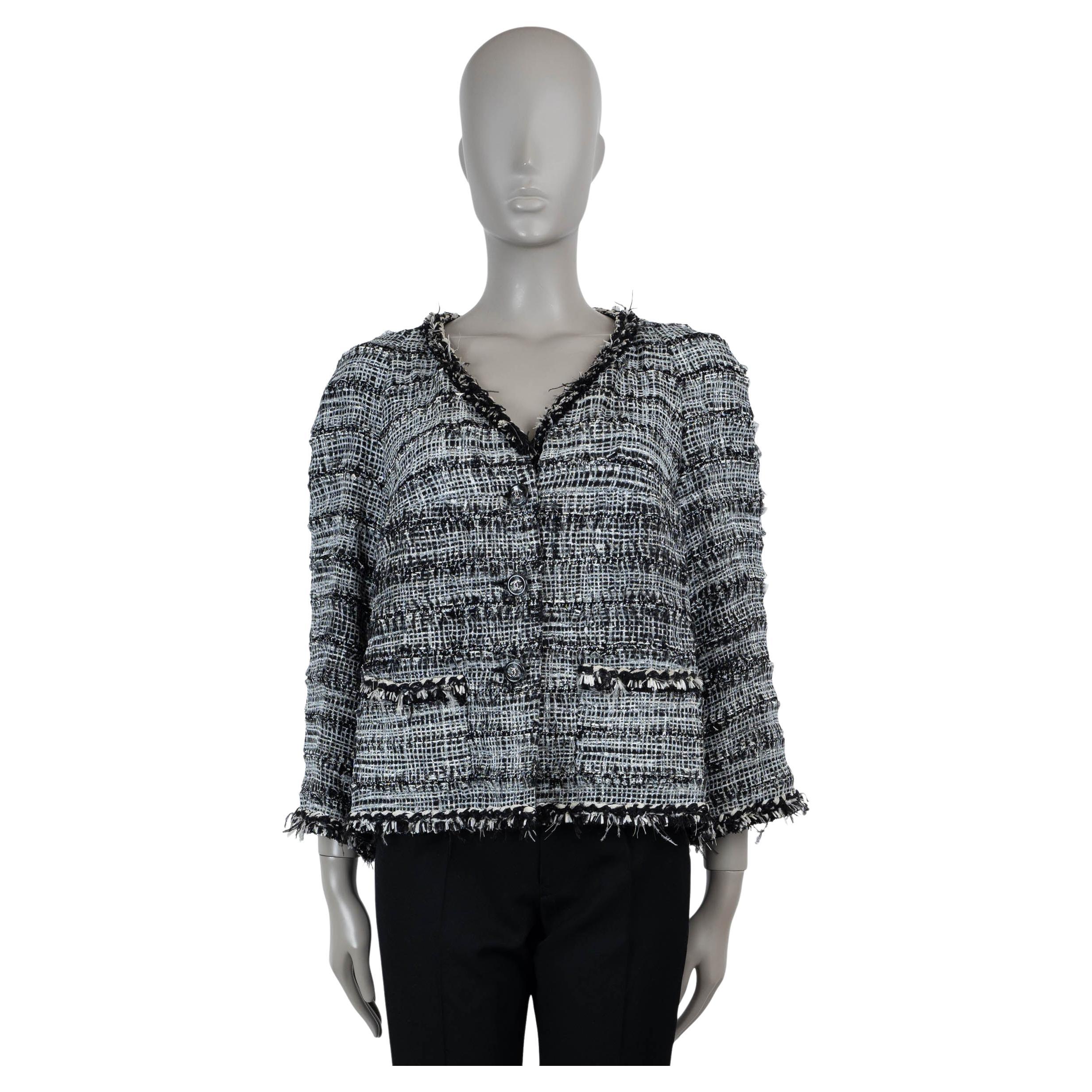 Chanel giacca in misto viscosa bianca e nera 11P FRINGE TRIM stampata in TWEED XL