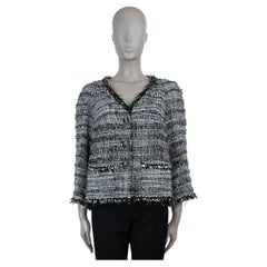 CHANEL black & white viscose blend 11P FRINGE TRIM PRINTED TWEED Jacket XL