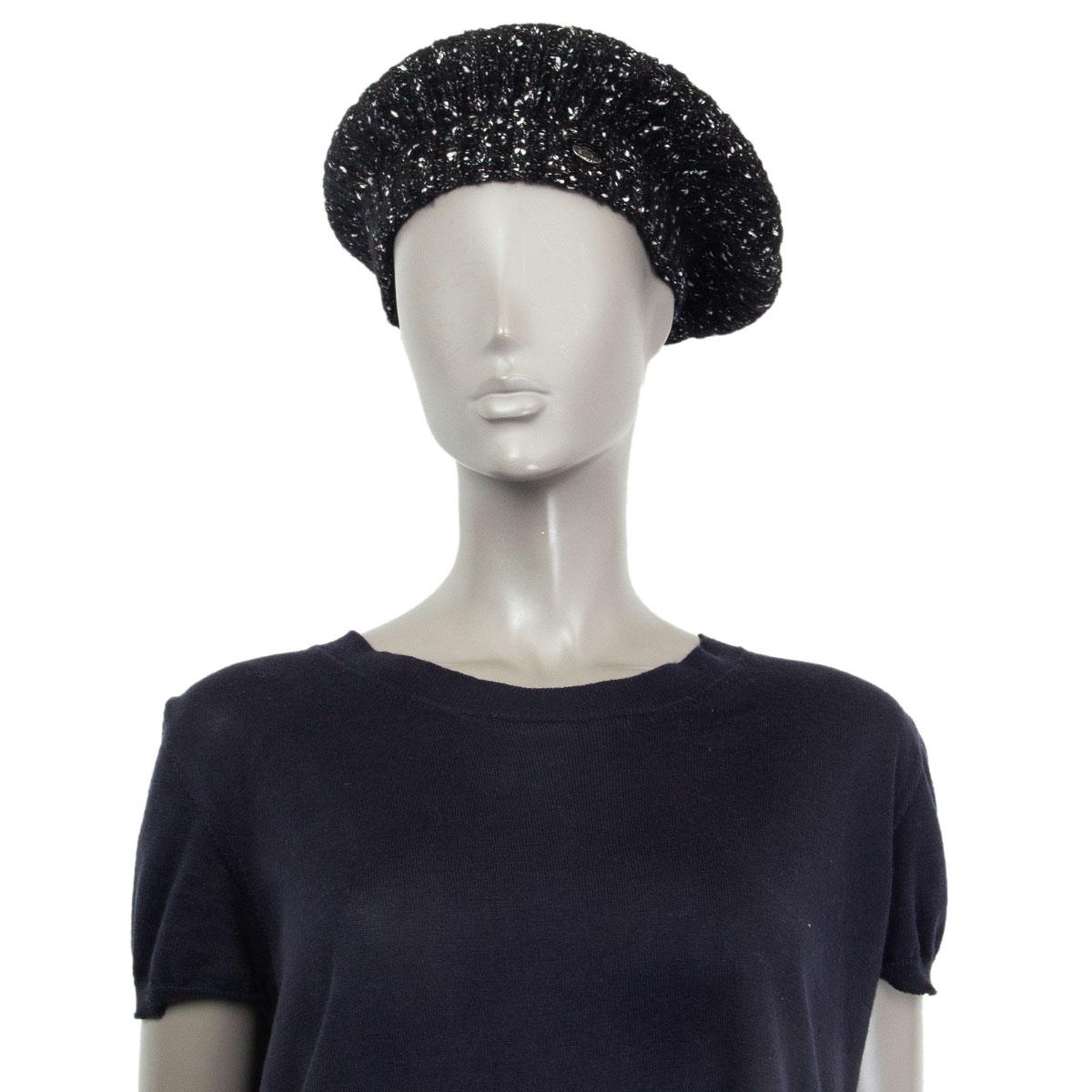 Black CHANEL black & white wool & cotton KNIT BERET Hat