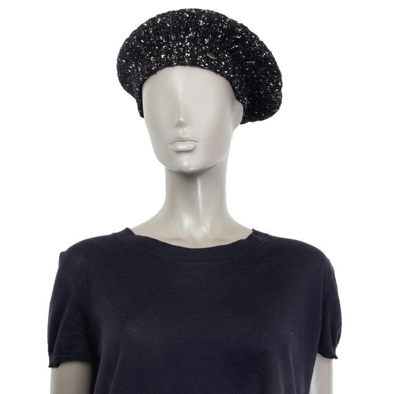 CHANEL black and white wool and cotton KNIT BERET Hat at 1stDibs