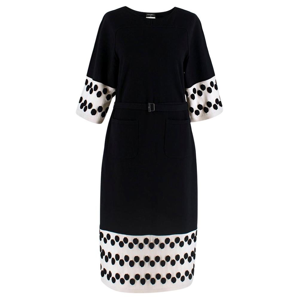 Chanel Black & White Wool Knit Dress With Spotted Cuffs & Hem - Size US 4