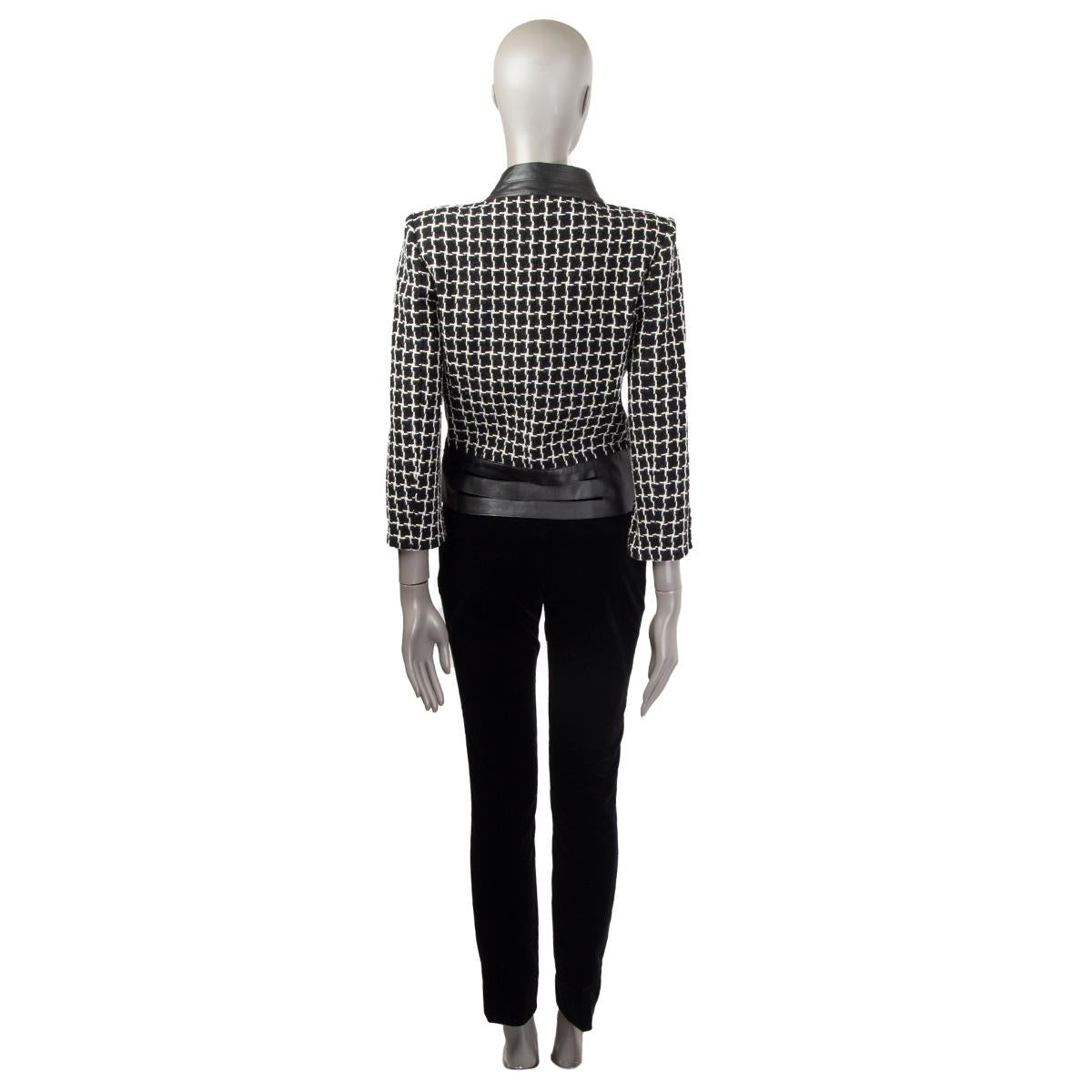Women's CHANEL black & white wool LEATHER TRIM COSMOPOLITE Tweed Jacket 36 XS