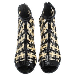 Chanel Black/White Woven Caged Open Toe Swirl Heel Booties Size 38.5
