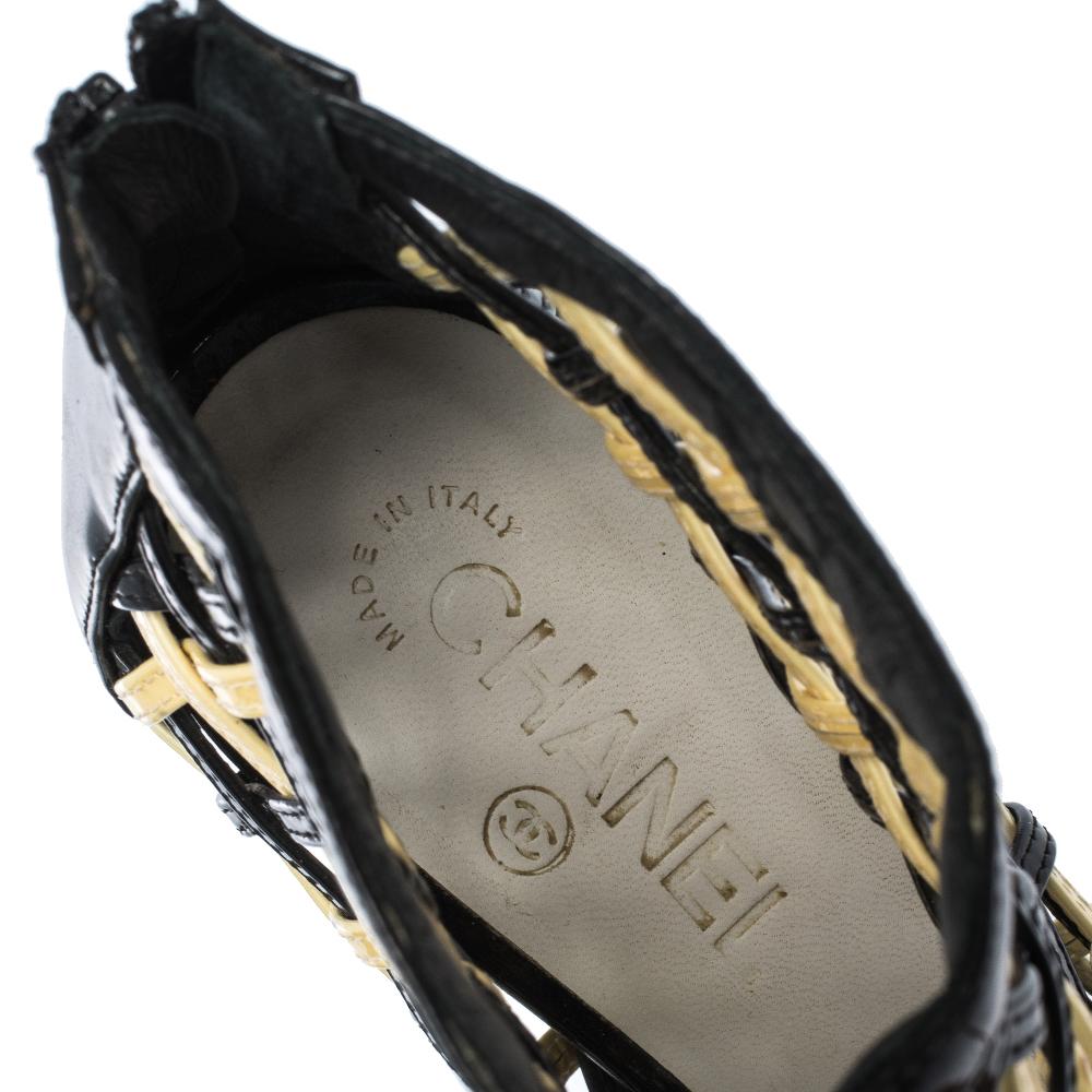 Women's Chanel Black/White Woven Caged Open Toe Swirl Heel Booties Size 38.5