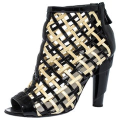 Chanel Black/White Woven Caged Open Toe Swirl Heel Booties Size 38.5