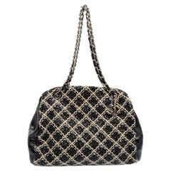 Chanel Black/White Woven Fabric and Patent Leather Diamond Stitch Bowling Bag