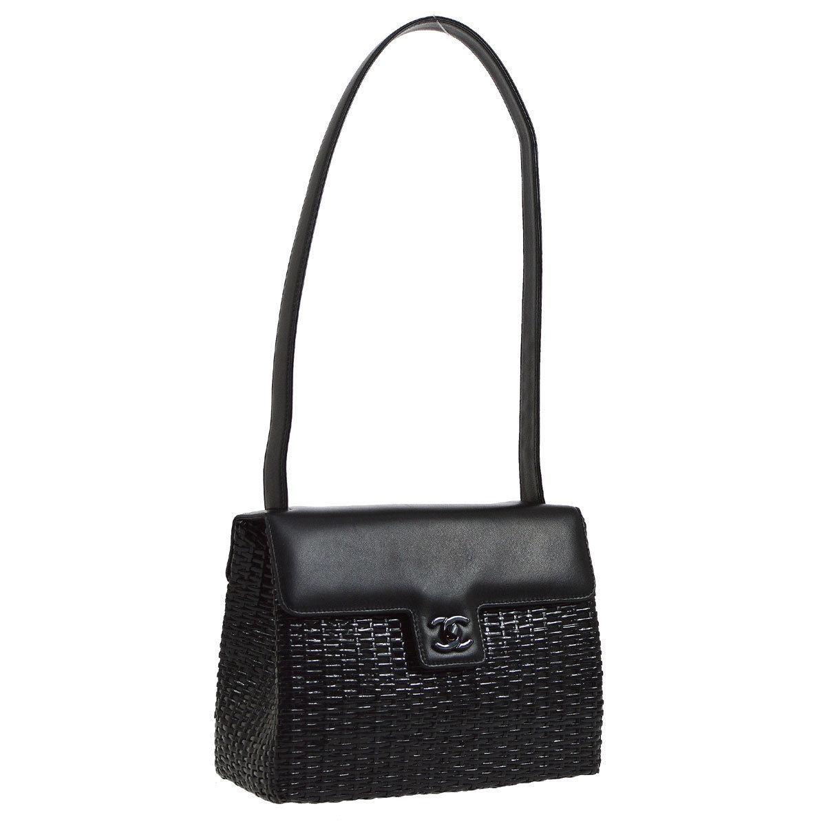 Chanel Black Wicker Basket Leather Top Handle Satchel Flap Shoulder Bag