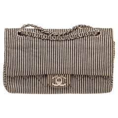 Chanel Black With Canvas Stripe Double Flap Bag with Material Leather,  gold