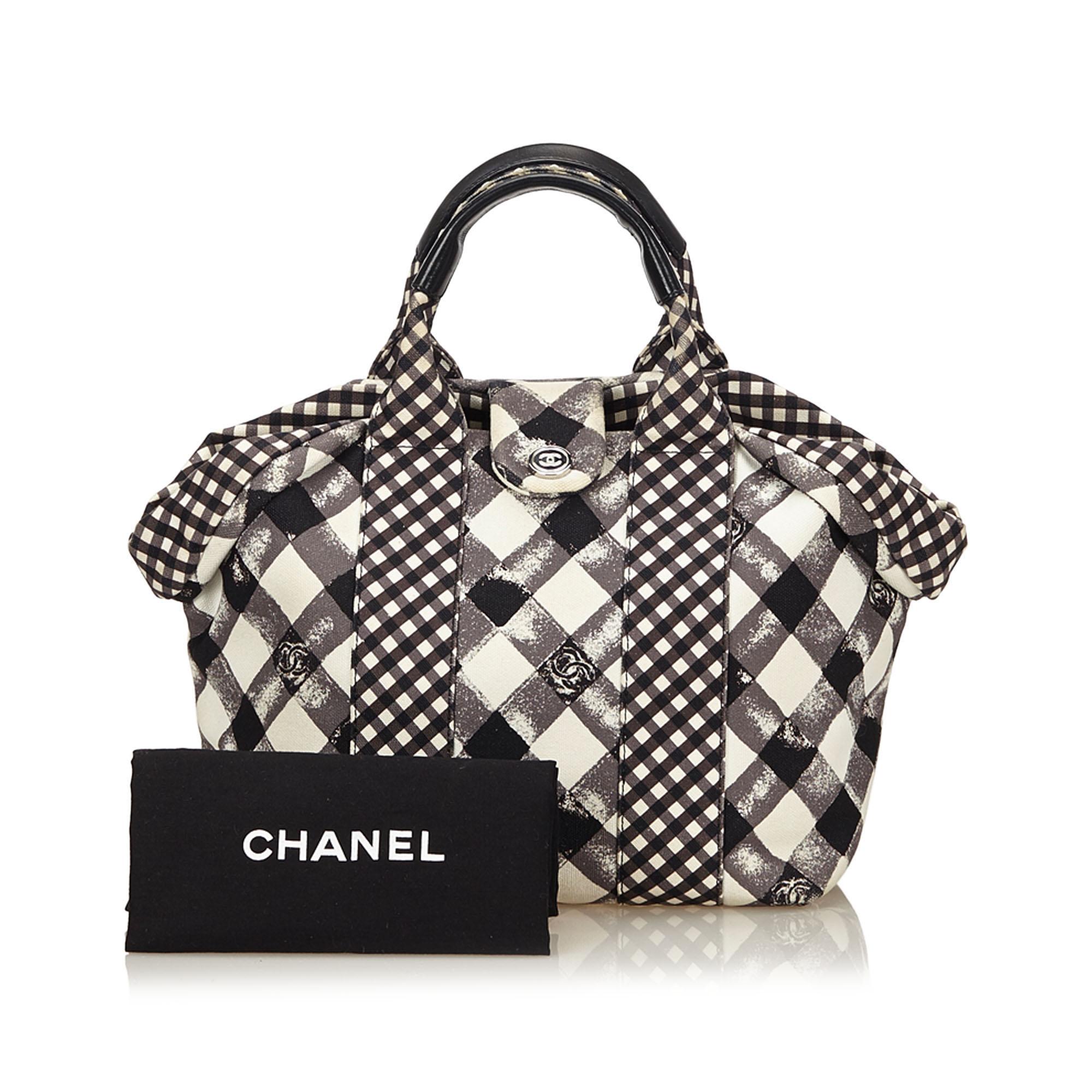 Chanel Black  with Multi Canvas Fabric Gingham Tote Bag Italy w/ Dust Bag 4