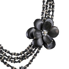 Chanel Black Wooden Beads and Camellia Flower Necklace