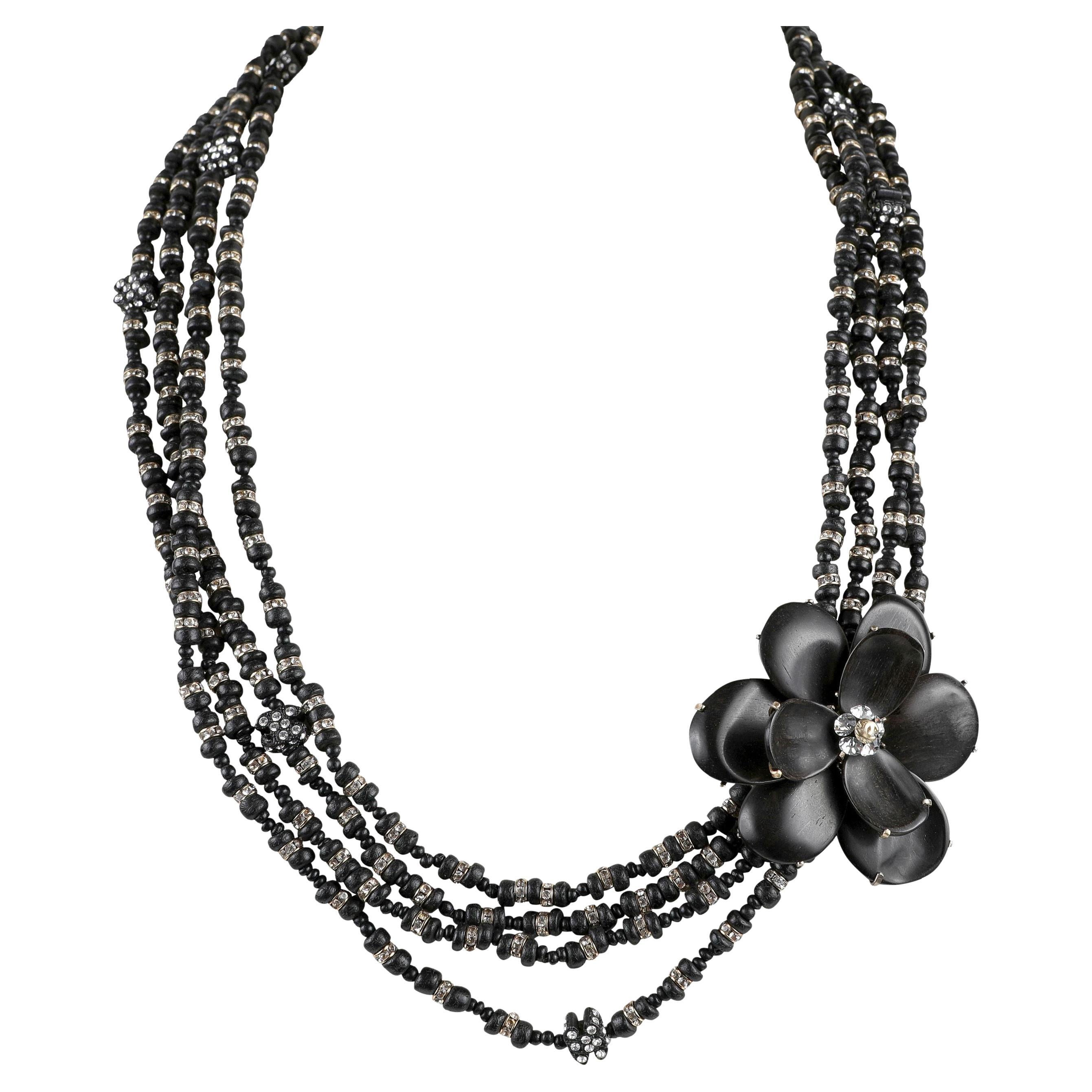 Chanel Black Wooden Beads and Camellia Flower Necklace