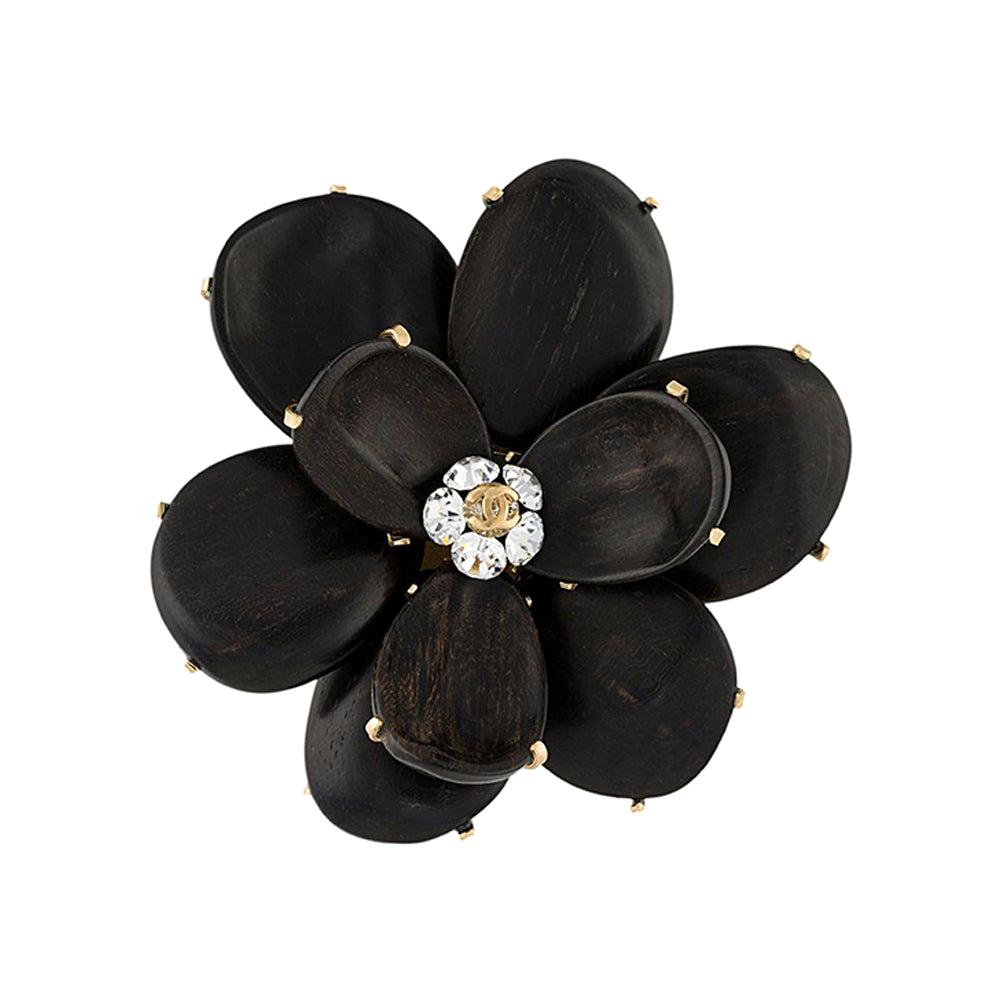 Chanel Black Wooden Flower Petals Brooch