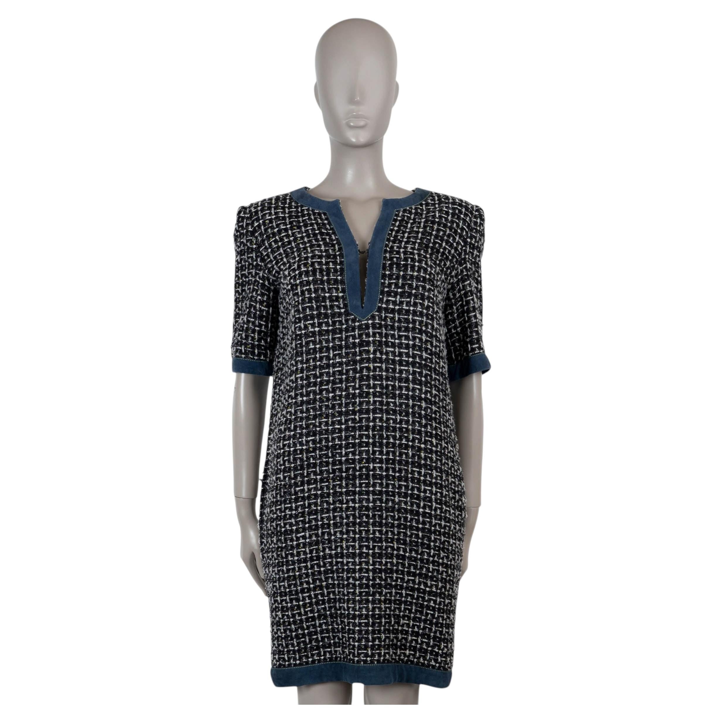 CHANEL black wool 17B LEATHER TRIM TWEED TUNIC Dress 40 M