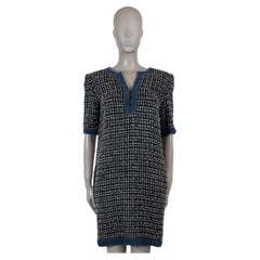 CHANEL black wool 17B LEATHER TRIM TWEED TUNIC Dress 40 M