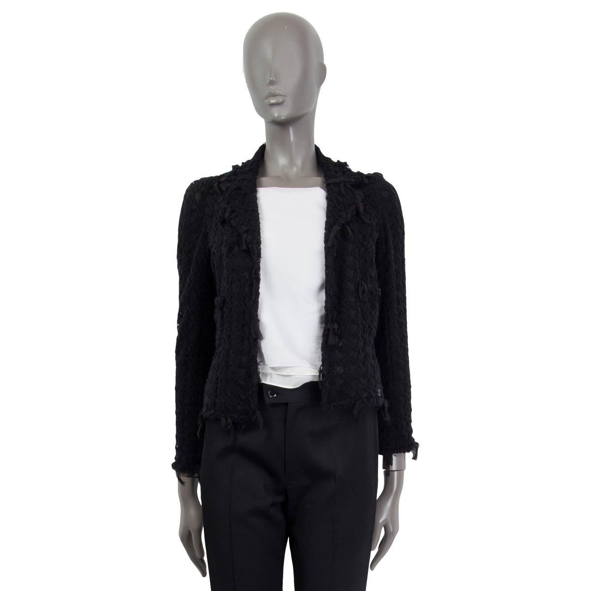 Black CHANEL black wool 2005 MESH & RIBBON TRIM OPEN TWEED Blazer Jacket 36 XS