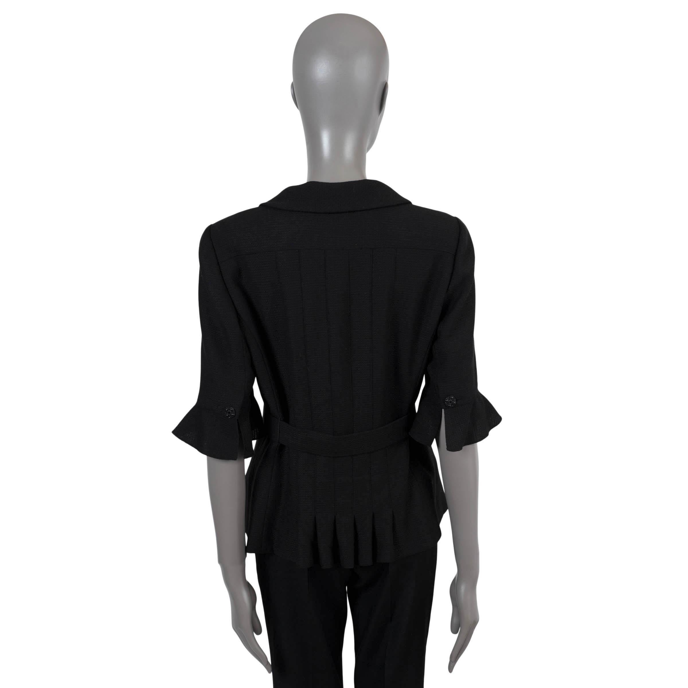 Black CHANEL black wool 2007 07C BELTED SHORT SLEEVE TWEED Jacket 42 L For Sale