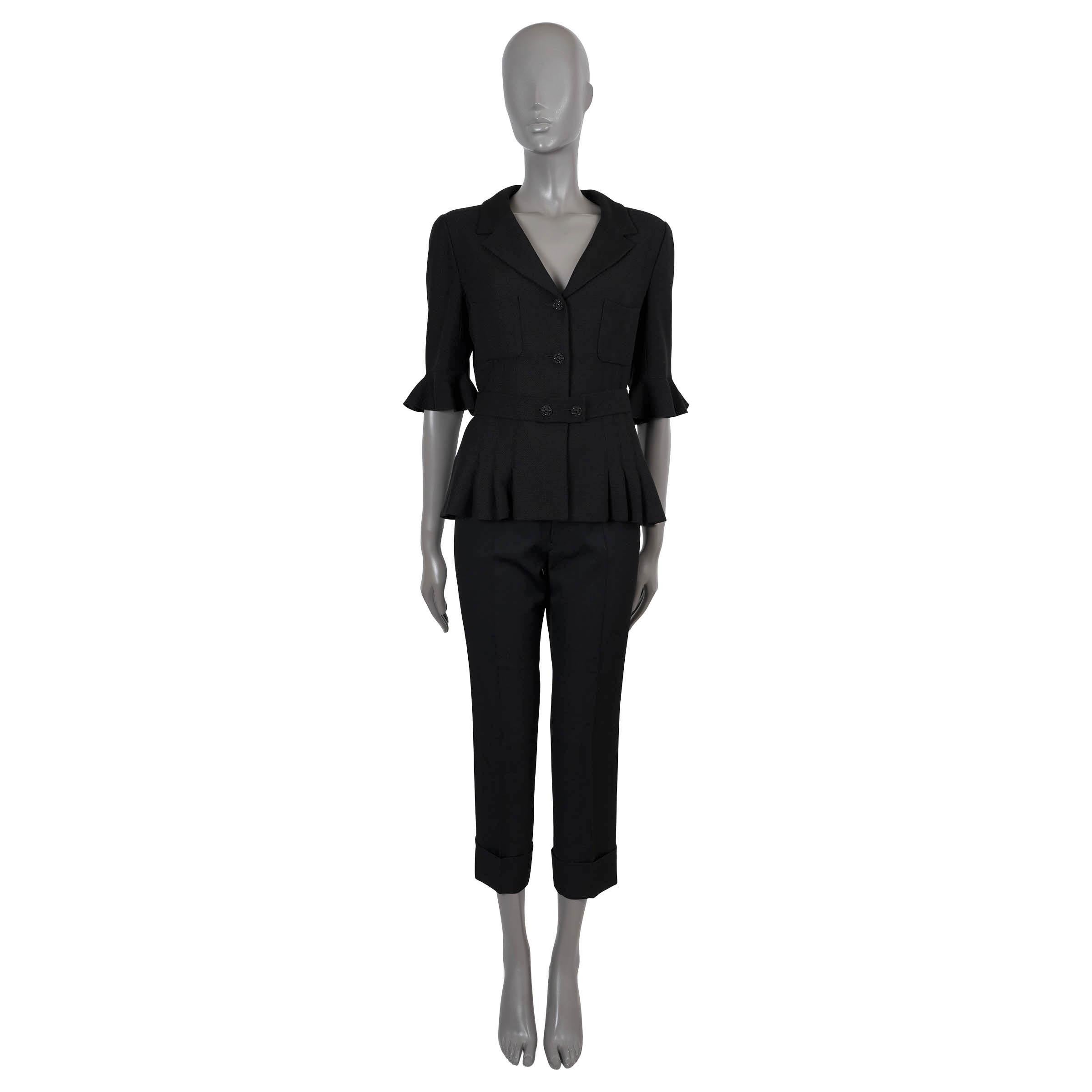 Women's CHANEL black wool 2007 07C BELTED SHORT SLEEVE TWEED Jacket 42 L For Sale