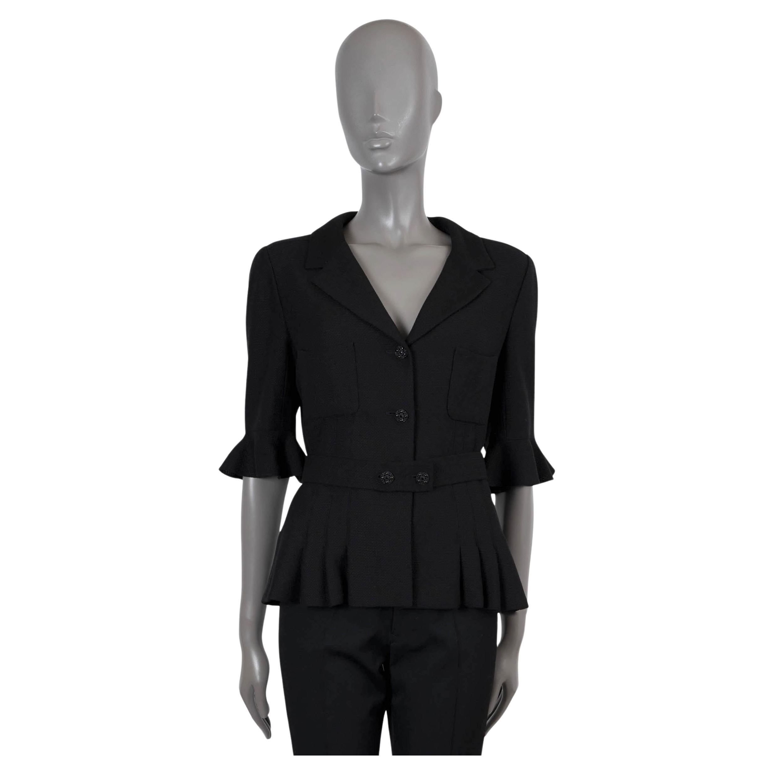 CHANEL black wool 2007 07C BELTED SHORT SLEEVE TWEED Jacket 42 L For Sale