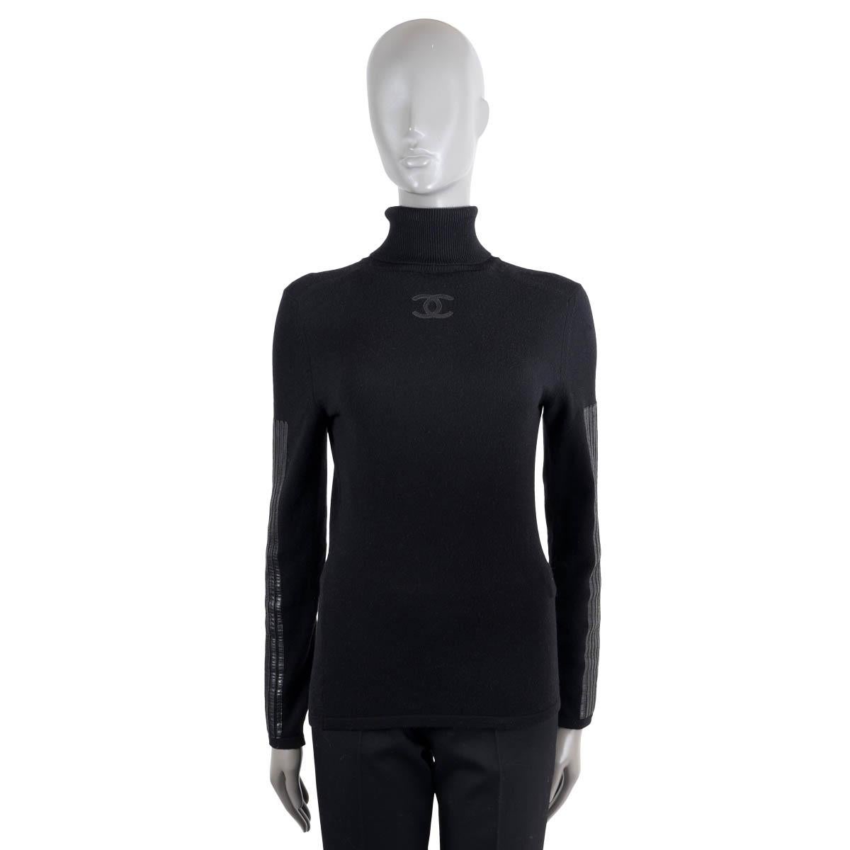 Women's CHANEL black wool 20111 11A BYZANCE LEATHER TRIM Turtleneck Sweater S For Sale