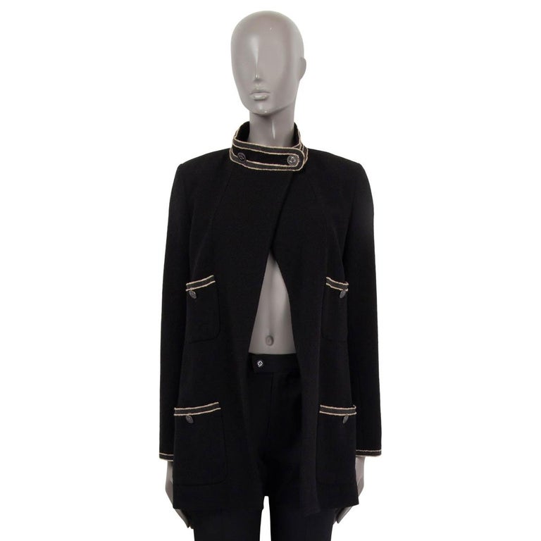 CHANEL black wool 2014 14C SINGAPORE GROSGRAIN TRIM TWEED Jacket 42 L ...