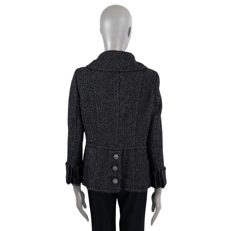CHANEL black wool 2015 15K DOUBLE BREASTED CUT OUT TWEED Jacket 44 XL