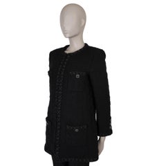 CHANEL black wool 2016 16A ROME RIBBON TRIM LONG TWEE Jacket 42 M