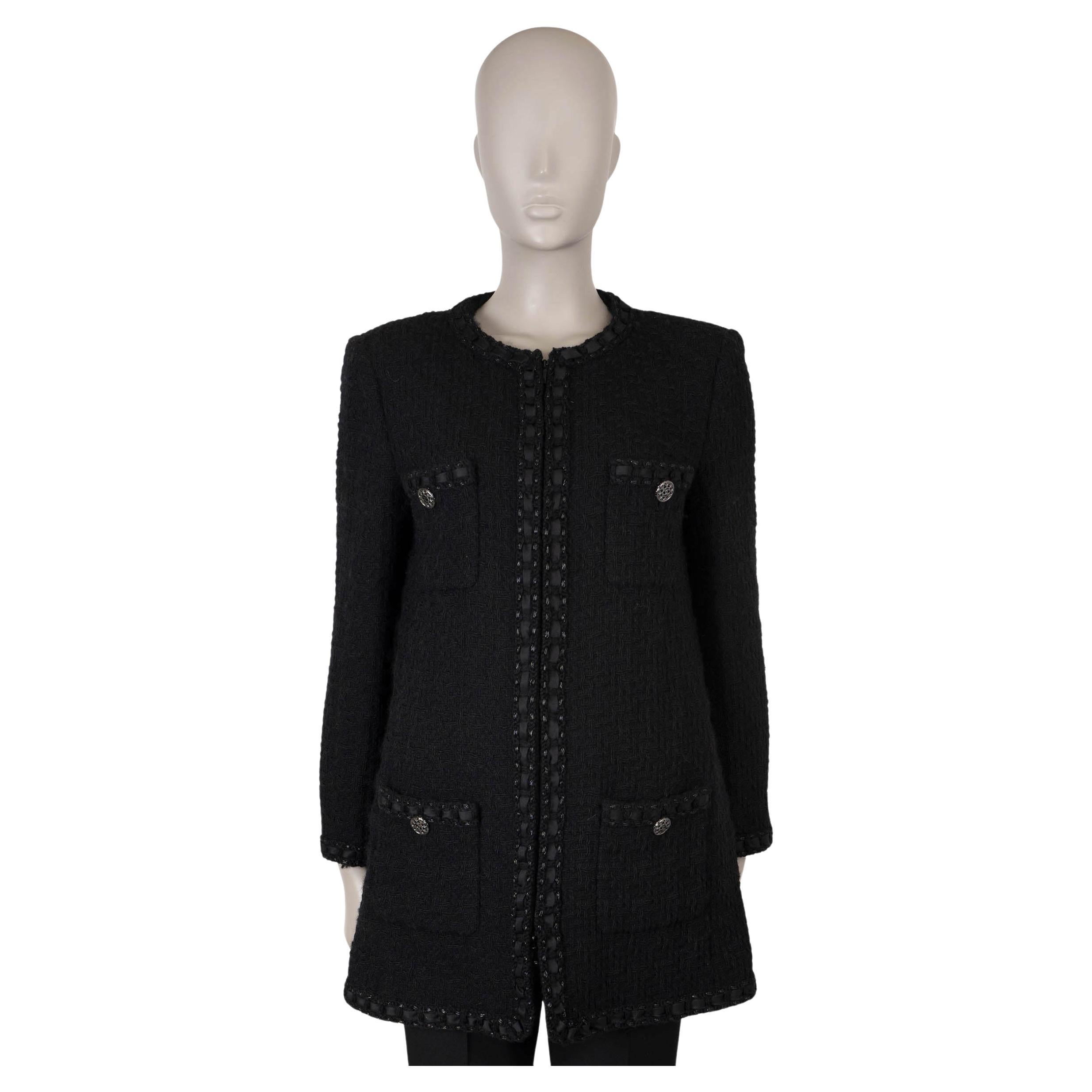 Chanel nero lana 2016 16A ROMA RIBBON TRIM Giacca TWEE LUNGA 42 M.