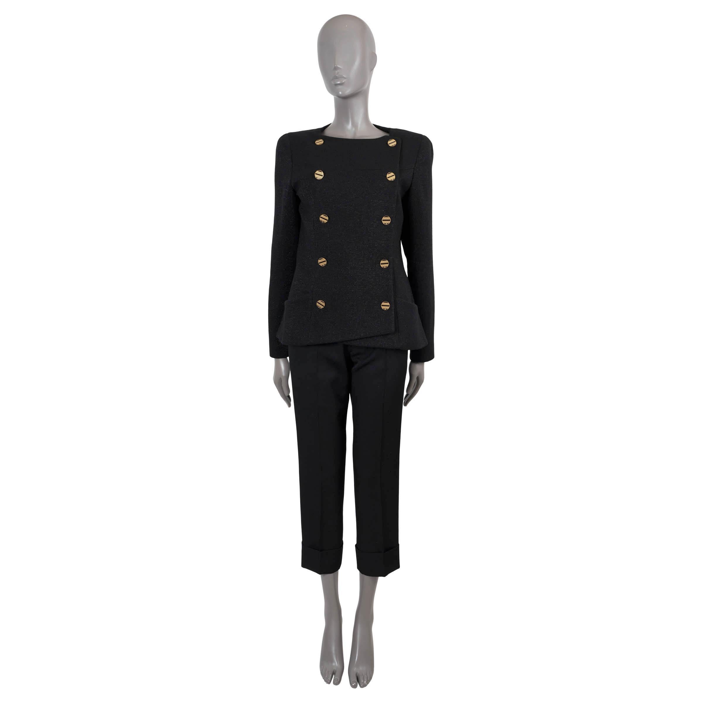 Women's CHANEL black wool 2019 19A NEW YORK COLLARLESS DOUBLE BREASTED TWEED Jacket 40 M For Sale