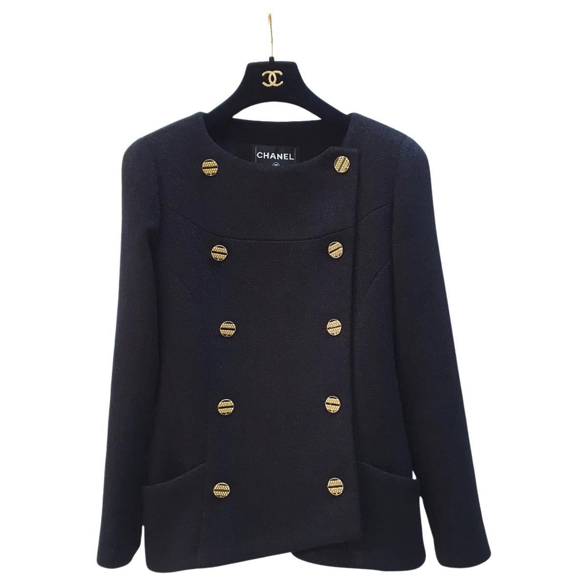 CHANEL Giacca doppiopetto in lana nera 2019 in tweed Sz.38 in vendita