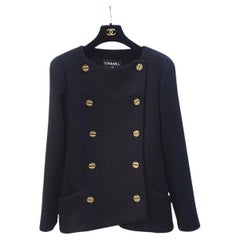 CHANEL Black Wool 2019 Double Breasted Tweed Jacket Sz.38