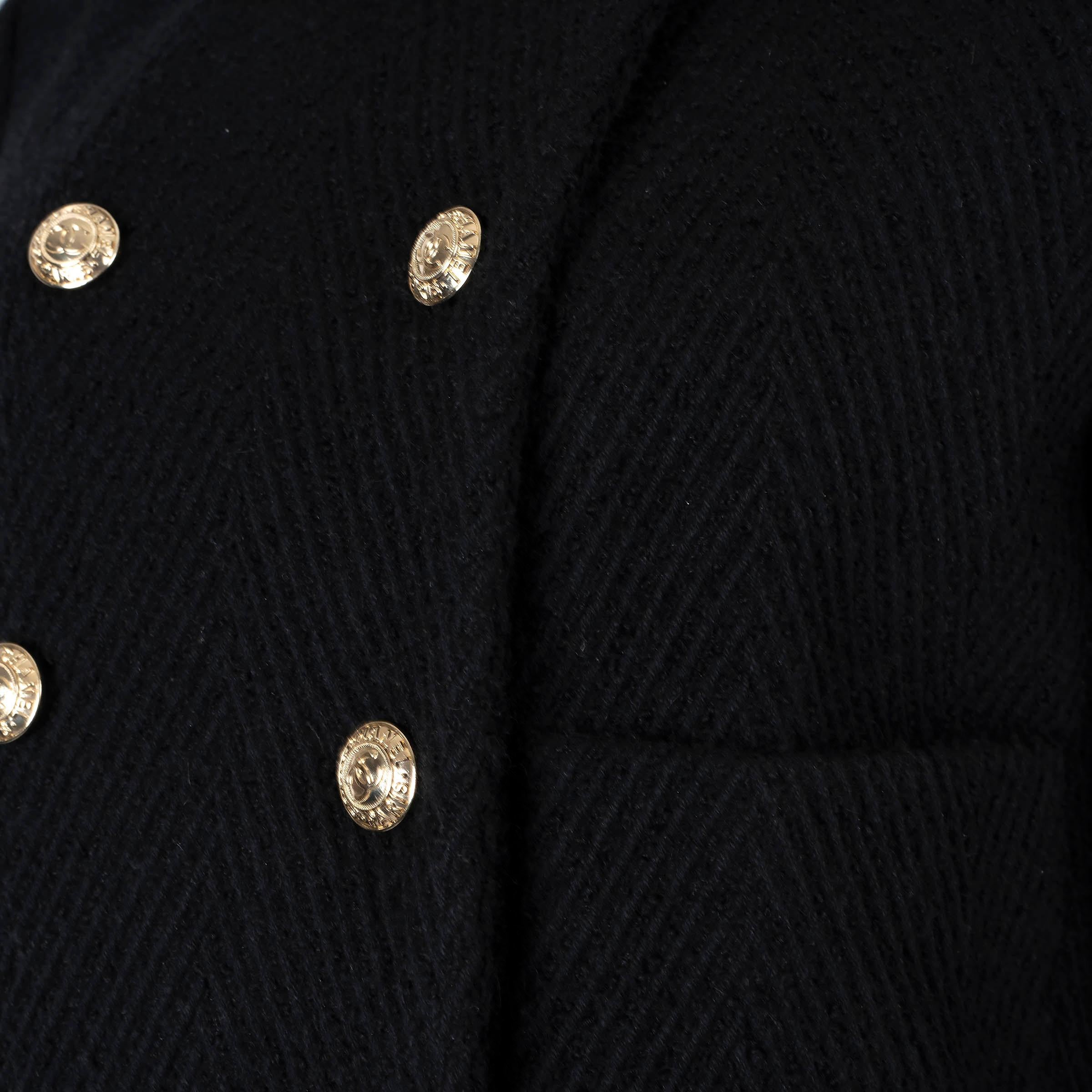 CHANEL black wool 2020 20K DOUBLE-BREASTED CHEVRON TWEED Jacket 38 S For Sale 2