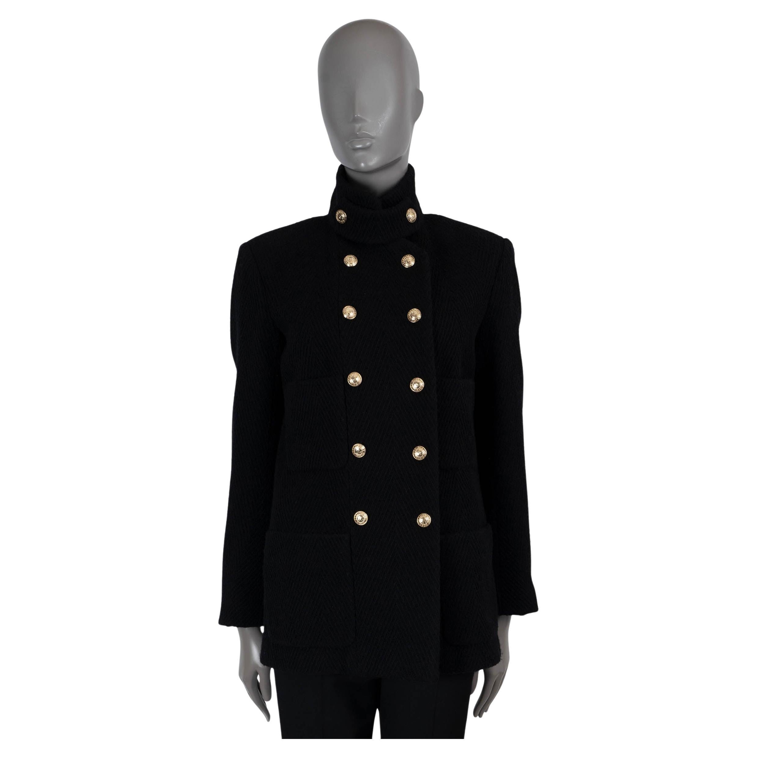 CHANEL black wool 2020 20K DOUBLE-BREASTED CHEVRON TWEED Jacket 38 S For Sale