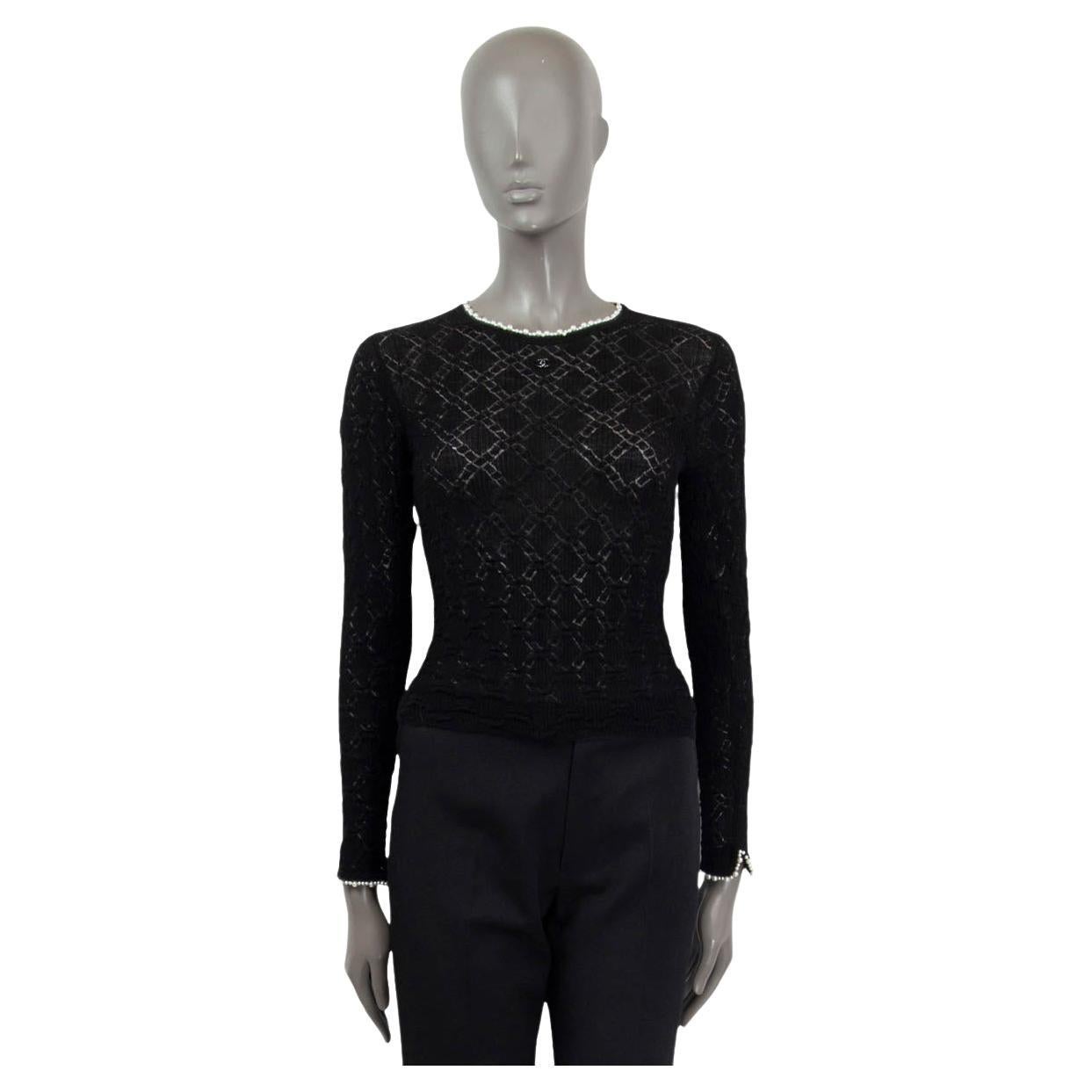 Chanel Black Wool 2022 22B Pearl Embellished Semi Sheer Shirt 36 Xs