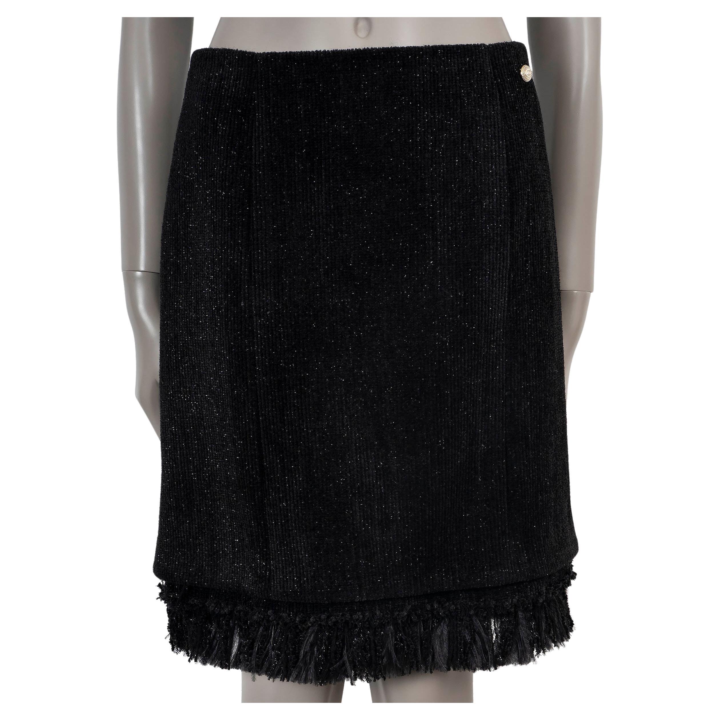 CHANEL black wool 20A FEATHER TRIM GLITTER VELVET Skirt 38 S For Sale