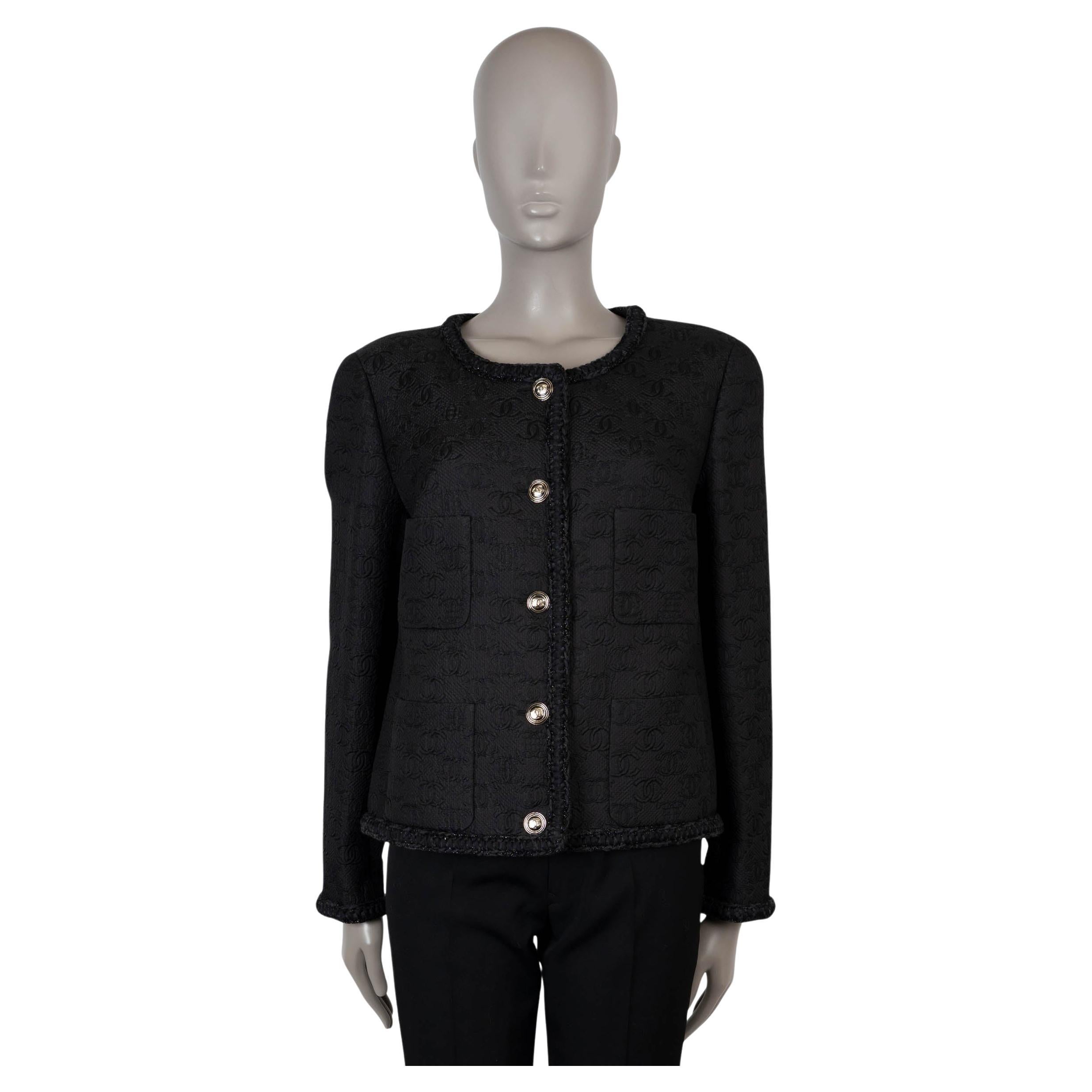 CHANEL black wool 21A CHATEAU DES DAMES MONOGRAM TWEED Jacket 44 L