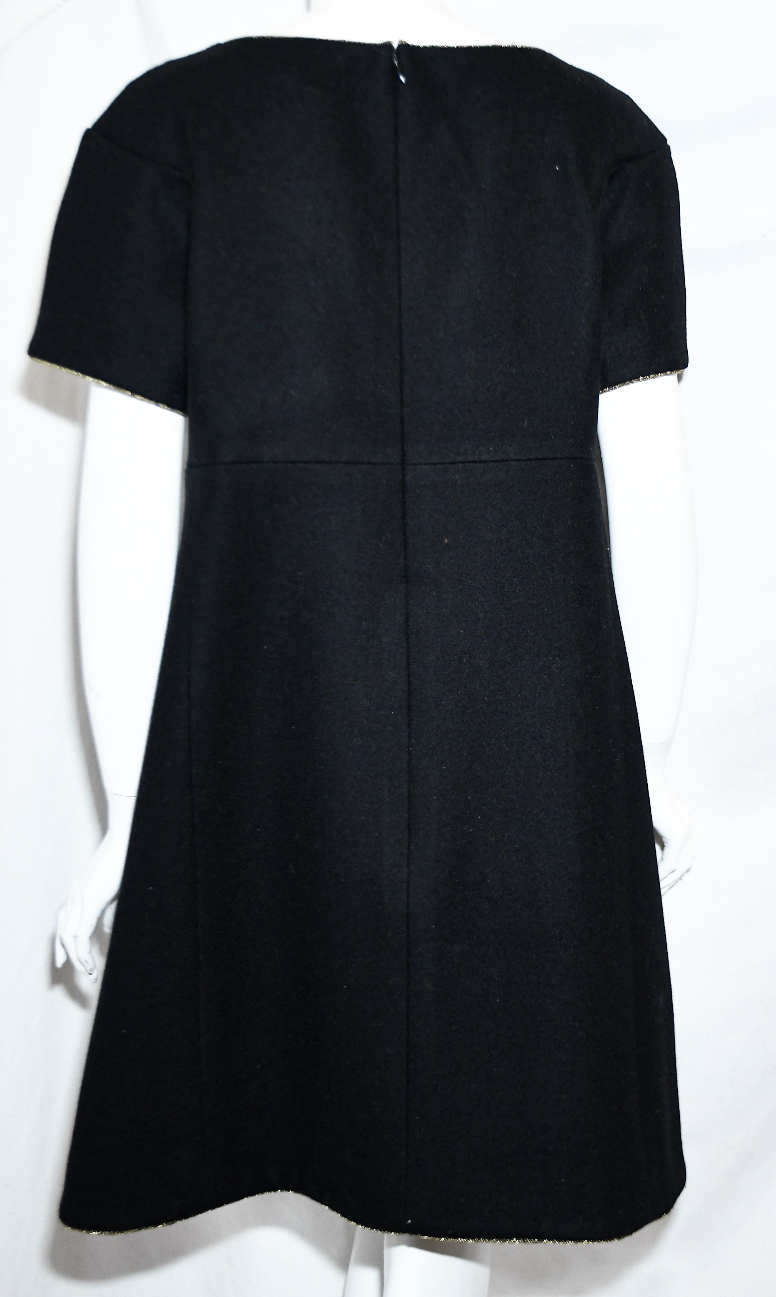 Chanel Black Wool A line Dress Trimmed with Gold Tone Cord In Excellent Condition For Sale In Palm Beach, FL