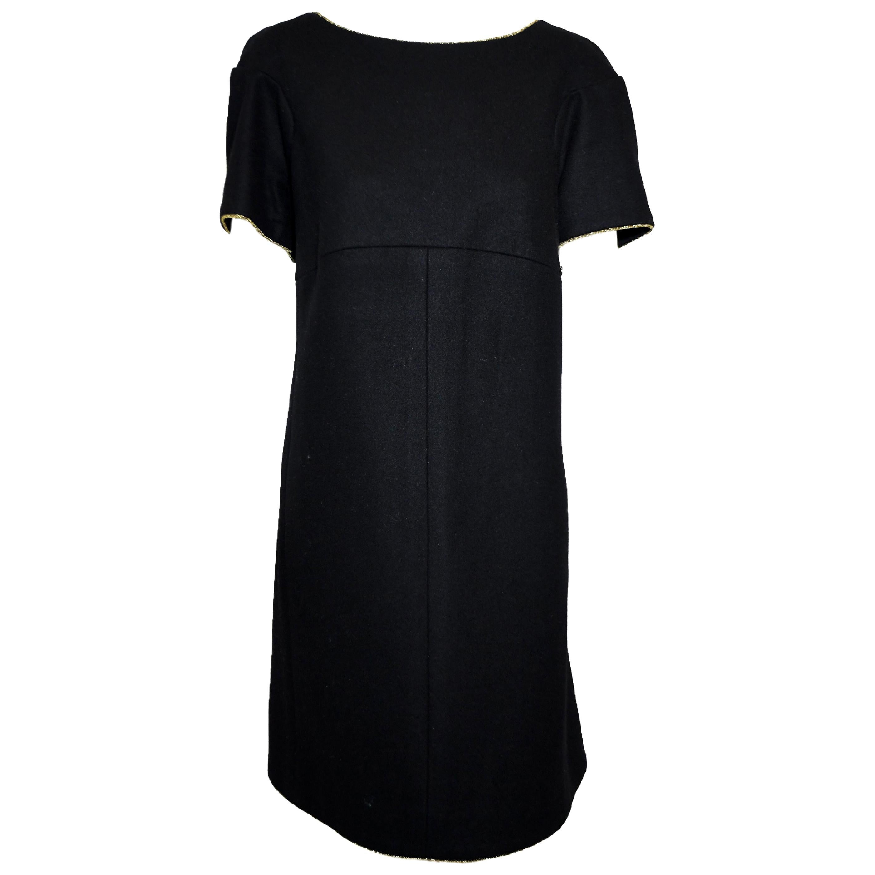 Chanel Black Wool A line Dress Trimmed with Gold Tone Cord For Sale