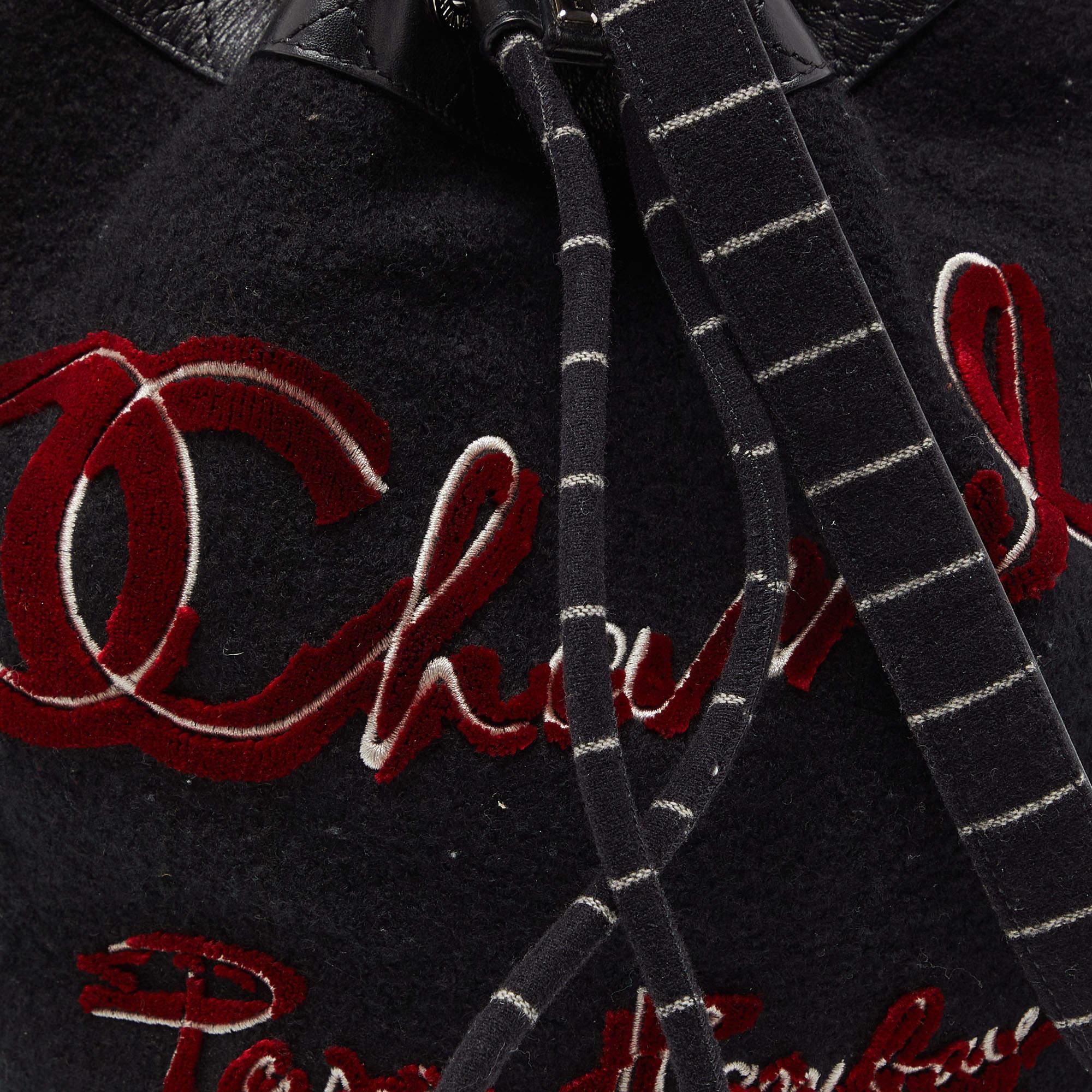 Chanel Black Wool and Leather Embroidered Paris Hamburg Drawstring Bag 7