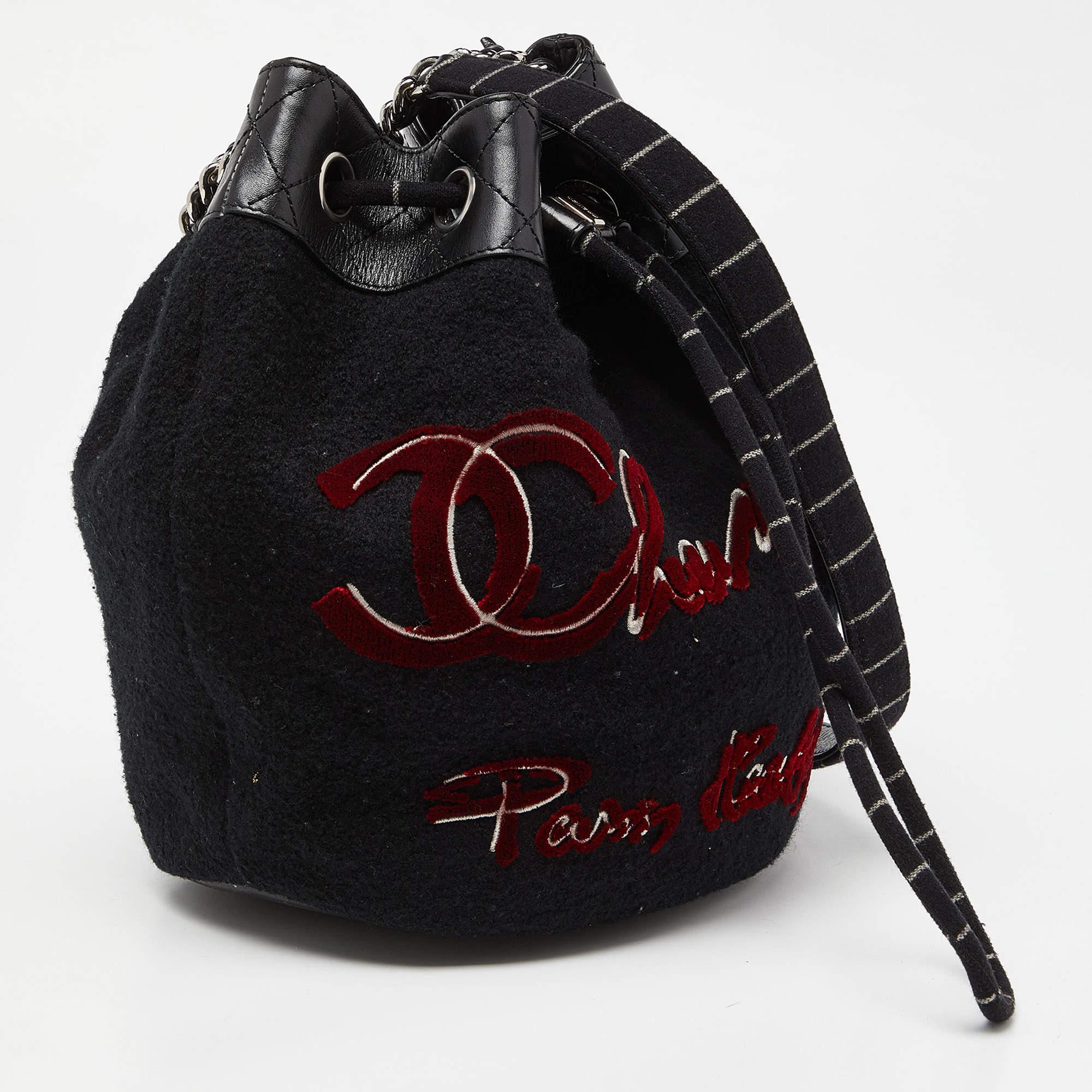 Women's Chanel Black Wool and Leather Embroidered Paris Hamburg Drawstring Bag