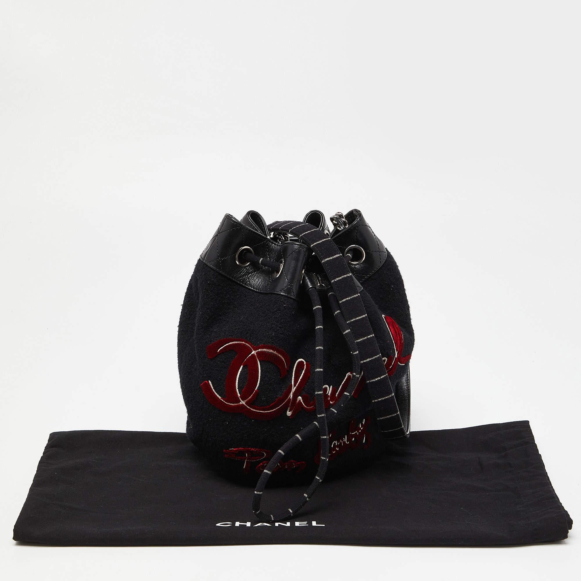 Chanel Black Wool and Leather Embroidered Paris Hamburg Drawstring Bag For Sale 2