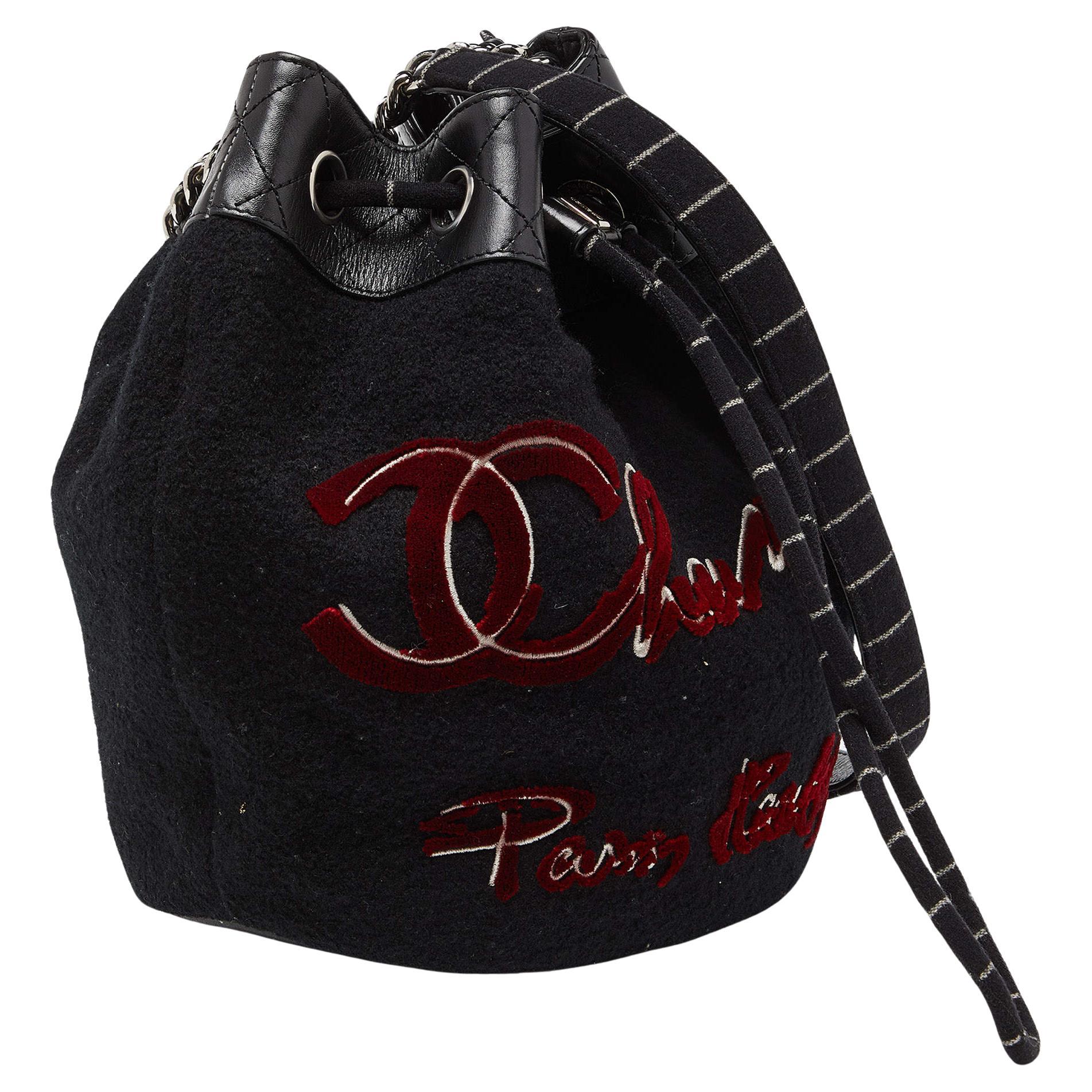 Chanel Black Wool and Leather Embroidered Paris Hamburg Drawstring Bag For Sale