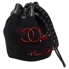 Chanel Black Wool and Leather Embroidered Paris Hamburg Drawstring Bag