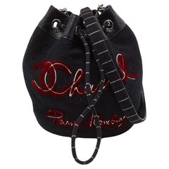 Chanel Black Wool and Leather Embroidered Paris Hamburg Drawstring Bag